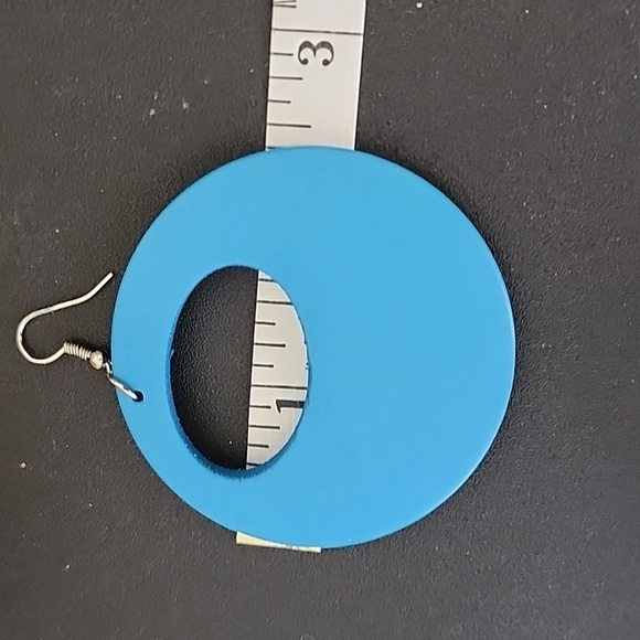 Turquoise Blue Wood Mod Circle Hoop Earrings - Picture 6 of 6